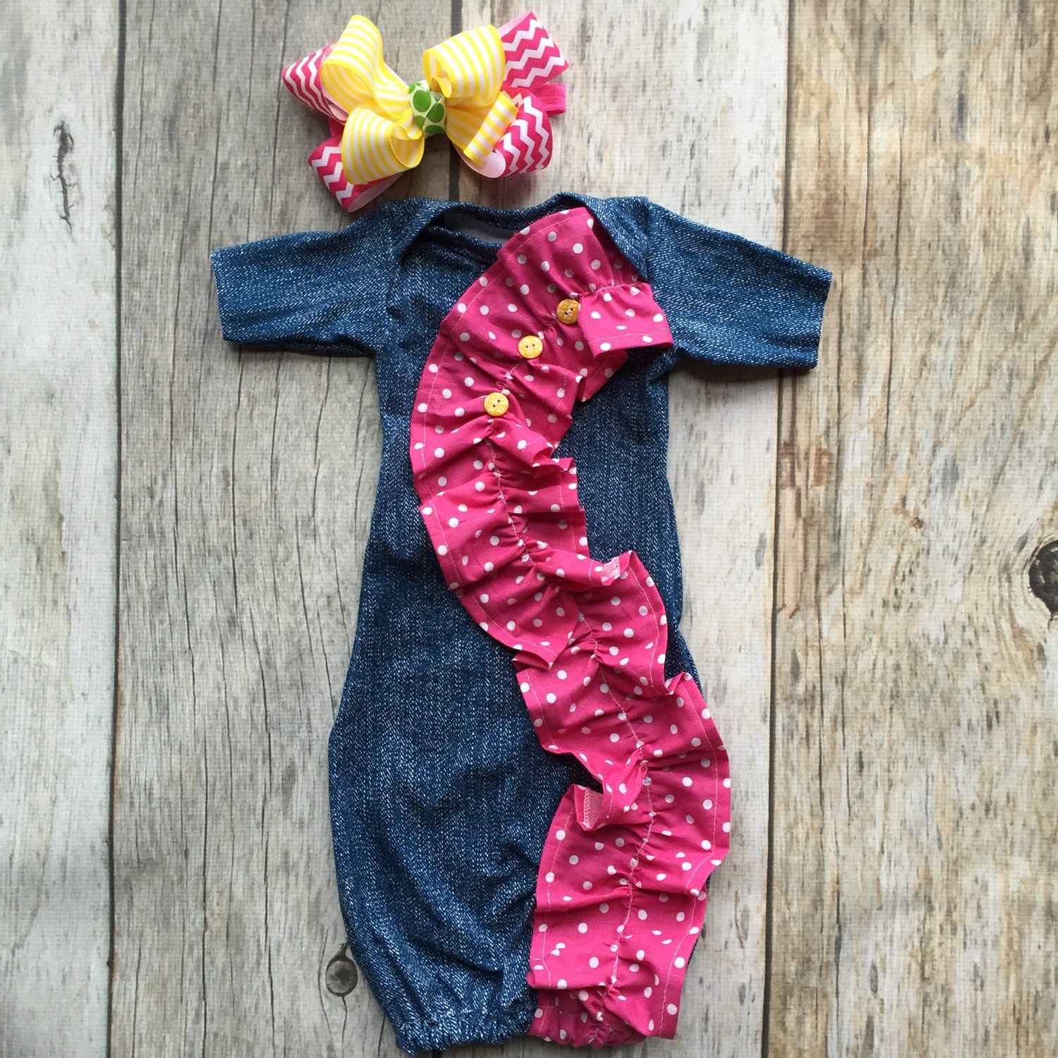 Denim and pink baby gown jean baby gown baby girl gown