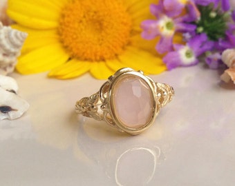 20% off-SALE!! Rose Quartz Ring - October Ring - Gold Ring - Bridal Ring - Vintage Band - Simple Ring - Oval Ring - Lace Ring - Dainty Ring