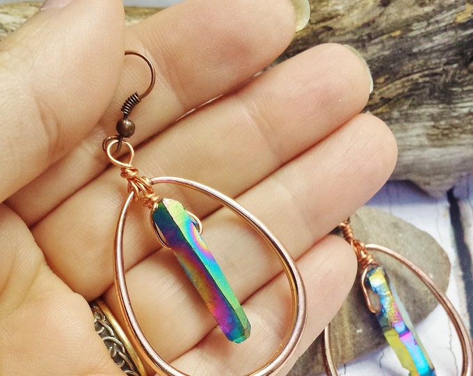 Blue Titanium Aura Rainbow Crystal Points ~ Raw Crystal Earrings ~ 30th Birthday, Anniversary, Gift For CoWorker, Girlfriend ~ Fall 2016
