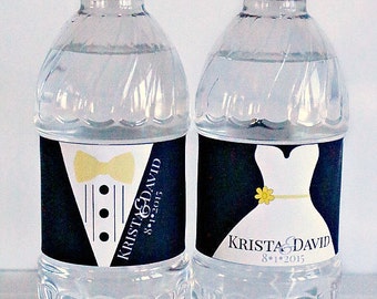 Bride & Groom Wedding Water Bottle Labels. Waterproof Water Bottle Stickers. Wedding Welcome Gift Bag Favors. Personalized Tuxedo Labels