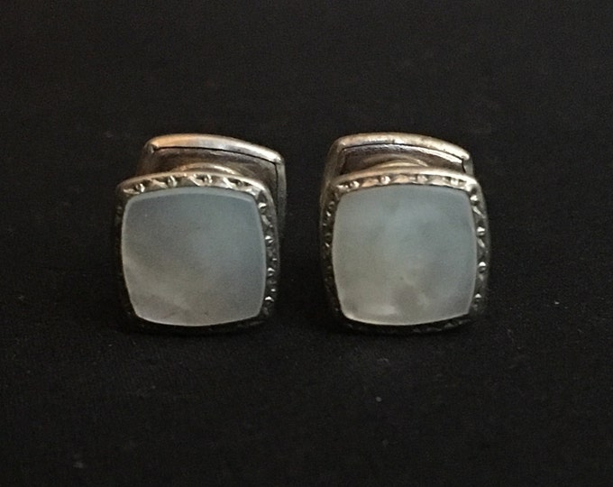 Storewide 25% Off SALE Vintage Silver Tone Mother Of Pearl Inlaid Designer Cufflinks Featuring Snap Lock Design