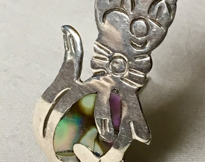Storewide 25% Off SALE Vintage Sterling Silver Cat Brooch Pin With Abalone Inlay Design Featuring Beautiful Etched Details