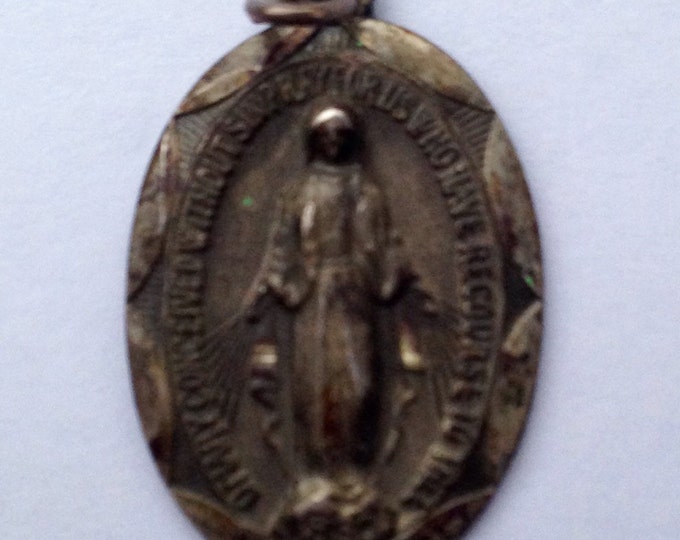 Storewide 25% Off SALE Vintage 1830's Sterling Silver Holy Mother Mary Pray For Us Pendant Charm Featuring Sacred Prayer & Detailed Design W