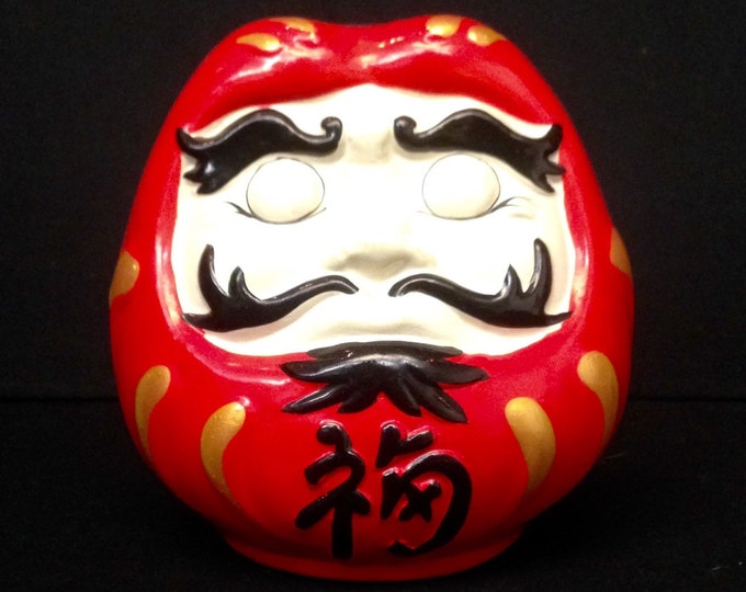 Storewide 25% Off SALE Vintage Old Asian Man's Face Porcelain Coin Bank Featuring Round Red Chinese Restaurant Advertising Design
