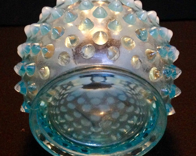 Storewide 25% Off SALE Rare Antique Blue Opalescent Fenton Hobnail Rose Bowl Vase Featuring Unique Crimped Ruffled Top Edge Design