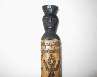 Dayak or Belu (Timor) Scrimshawed Lime Container of Water Buffalo Bone and Wood Stopper - Not a Tourist Piece