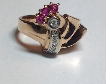 Vintage Art Deco 14k Rose Gold Diamond and Ruby Ring