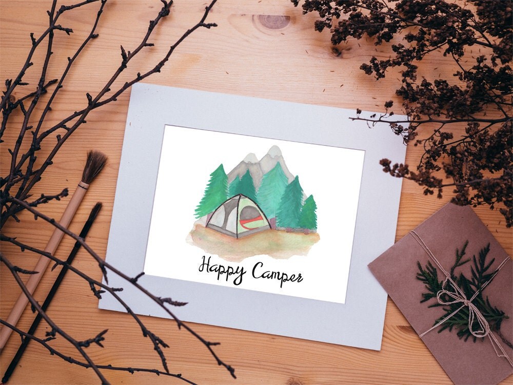Happy Camper Camping Watercolor Print. Original Painting.