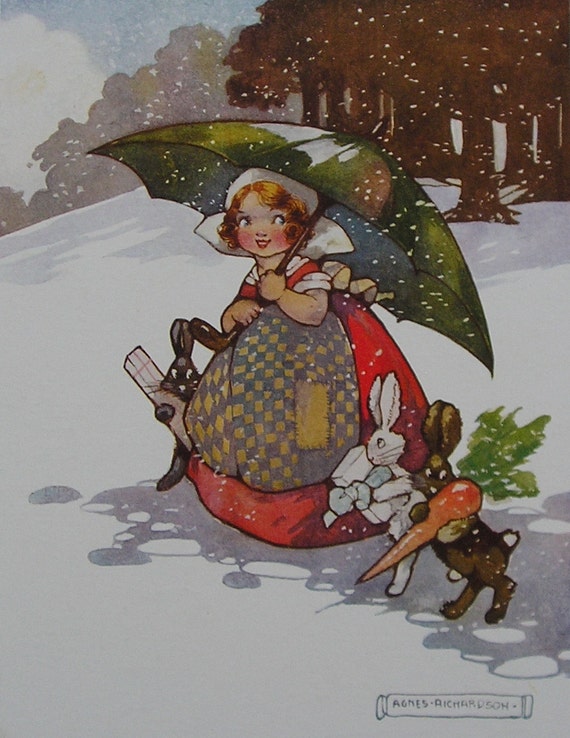 Vintage Kinder Print - Agnes Richardson 1935 - meisje onder haar Umberella in de sneeuw met konijnen uitvoering Presents - klaar frame