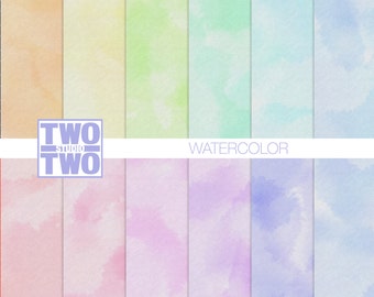 Watercolor Digital Paper: "PASTEL WATERCOLOR" in Orange, Yellow, Pink, Green, Purple, Aqua, Violet, and Blue for Spring & Easter Backgrounds