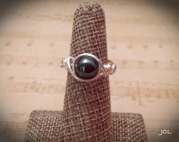 Wire wrapped ring silver ring with hematite focal