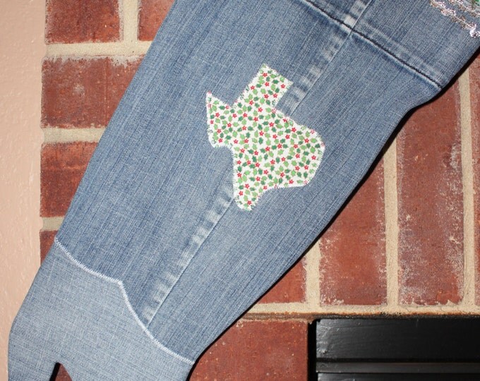HALF PRICE ** Christmas Stocking Ready for Santa! Upcycled Denim Boot Stocking with Holiday Holly Motif