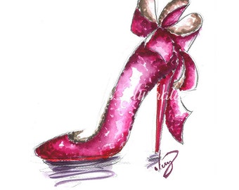 Items similar to Pink shoe art, Fashion sketch, High heel art, Pink ...