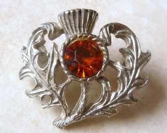 Vintage Scottish Thistle Flower Brooch With Large Rhinestone.