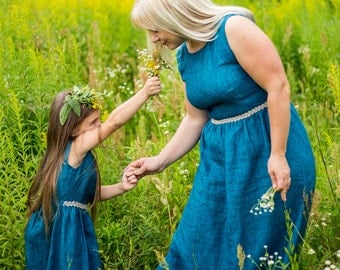 Matching Mom and Daughter linen dresses, linen dress blue, Matching Outfits linen, Mother daughter matching dresses, Mommy and me clothing