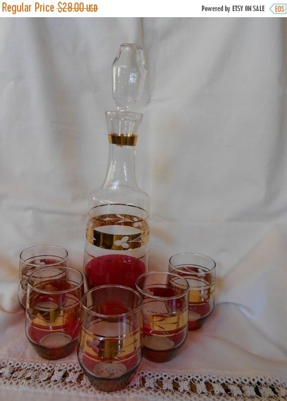 Antique Cranberry and Gold Glass Cordial Set w/ by CheekyBirdy