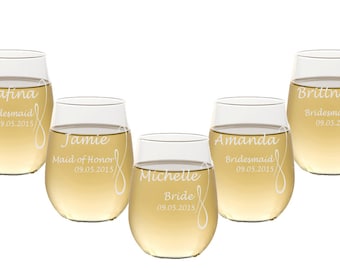 Set of 10 Custom Etched Stemless Wine Glasses / 16 DESIGNS! / Personalized Wine Glasses / Wedding Party Gifts / Bridesmaids / Engraved Wine