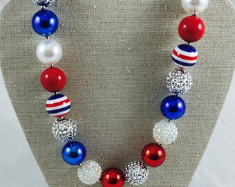 4th of July Inspired/ Independence Day/ Red, Blue and White Chunky Bubblegum Bead Necklace