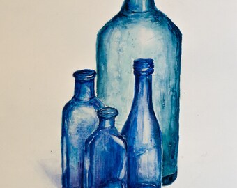 Original Watercolor Painting, Watercolor glass bottles, Vintage Glass Bottles, Art gift, Still Life, Vintage, bar art, Home Décor, ART
