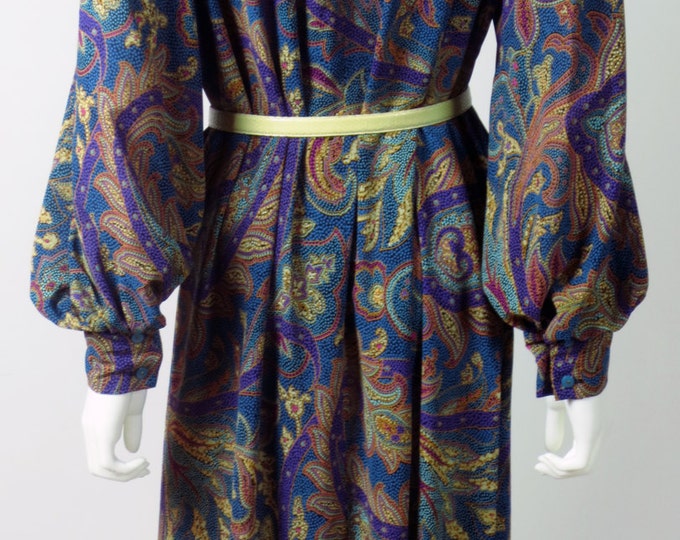 70s georgette Paisley printed Chez California ruffled oversize midi length secretary dress