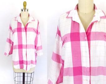 M-2XL • 1980's/90's • Diane VonFurstenberg Pink White Plaid Shirt