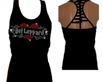 Def Leppard Rhinestone Womens Racer Ladder Back Tank top Tee shirt