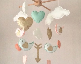 Baby mobile - Baby girl mobile - Cot mobile - Heart mobile - Cloud Mobile - Clouds, hearts and birds and arrow - mint, coral and gold