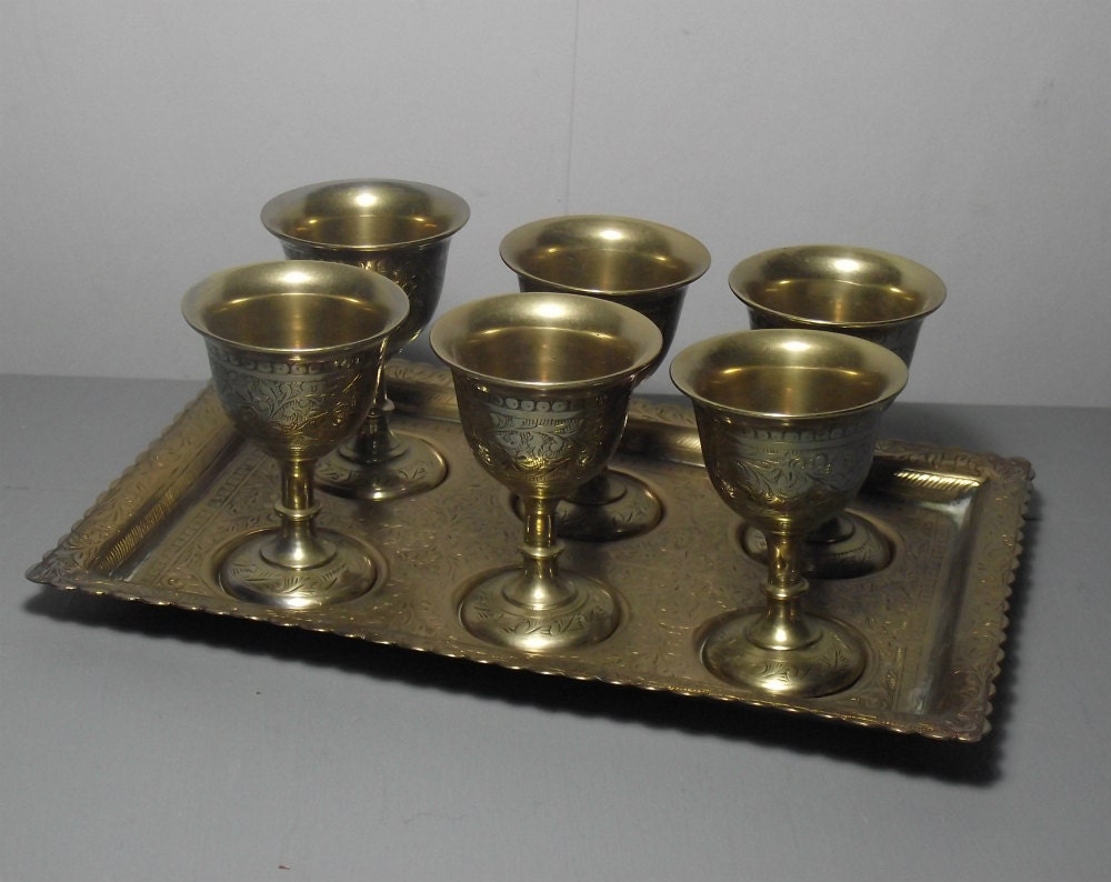 Vintage Brass Goblets with Tray/Brass /Brass Cups/Etched Brass