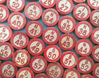 75 bingo numbers, wooden numbers, vintage bingo markers