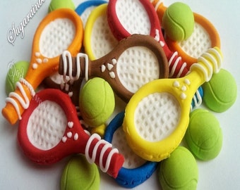 10 Edible sugar rackets 10 Tennis Balls Decorations Cakes Cupcakes Toppers