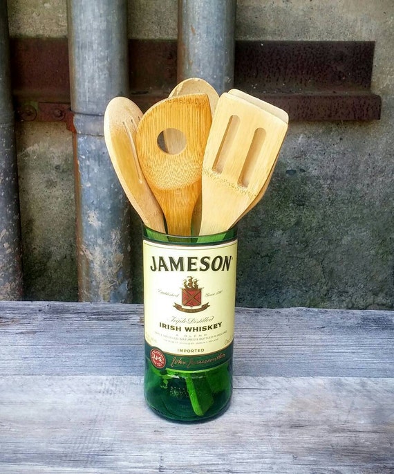 Upcycled Glass Utensil Holder With Bamboo Serving Spoons