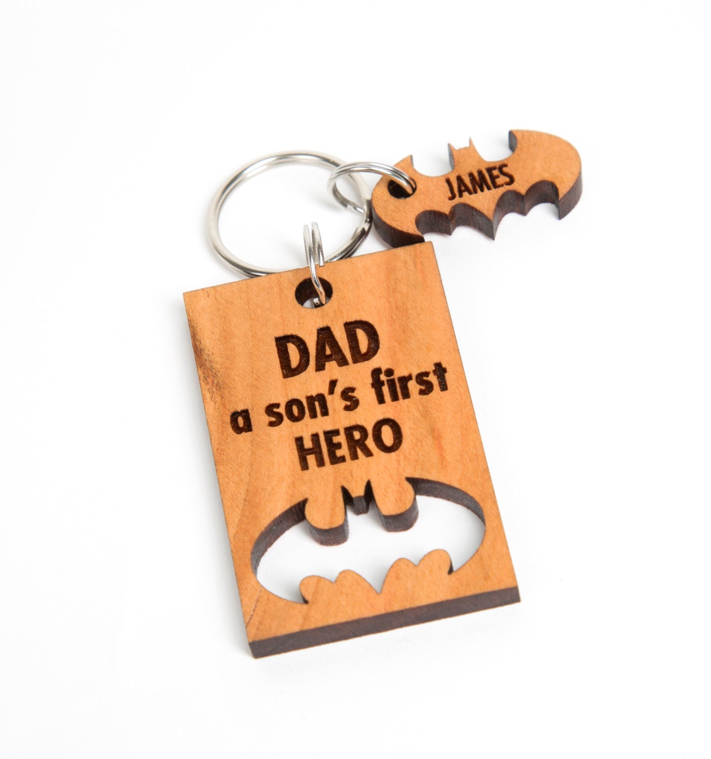 Fathers Day Keychain. Solid wood engraved superhero keychain