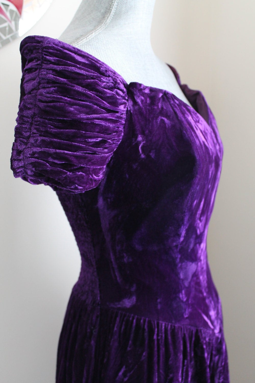 Purple Off Shoulder Tea Length Dress Rayon Velvet Ruched