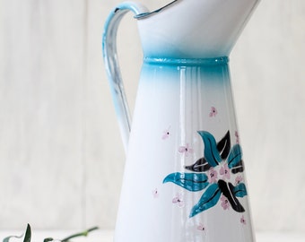 1940s French Enamel Pitcher - White, Turquoise and Flowers - Excellent condition - Free Shipping Within the USA