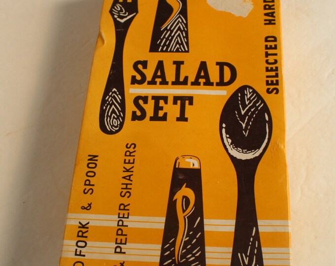 Vintage Wooden Salad Set with Salt and Pepper Shakers