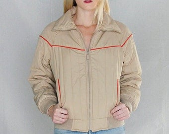 ON SALE MINT Vintage 70's Quilted Bomber Jacket sz Small / Vintage 70's Ski Jacket / Khaki Zip Front Ski Jacket