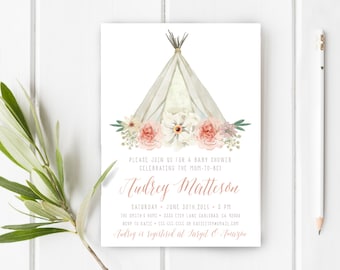 Boho Baby Shower Invitation Girl, Teepee, Unique, Watercolor Flower (307)