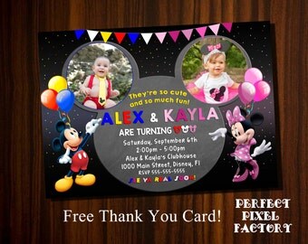Mickey Mouse Invitations,Sibling Invitations,Mickey and Minnie invitation, Brother and Sister Invitation, Mickey and Minnie Birthday,Sibling