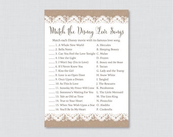 Burlap and Lace Bridal Shower Game - Printable Disney Love Songs Match Game - Rustic Bridal Love Song Game - Burlap Bridal Shower Game 0003