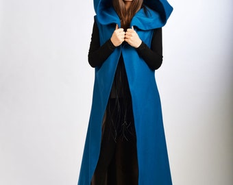 Blue Cashmere Top/ Hooded Oversized Coat/ Long Loose Sleeveless Coat/ Cashmere Jacket by Fraktura V0014