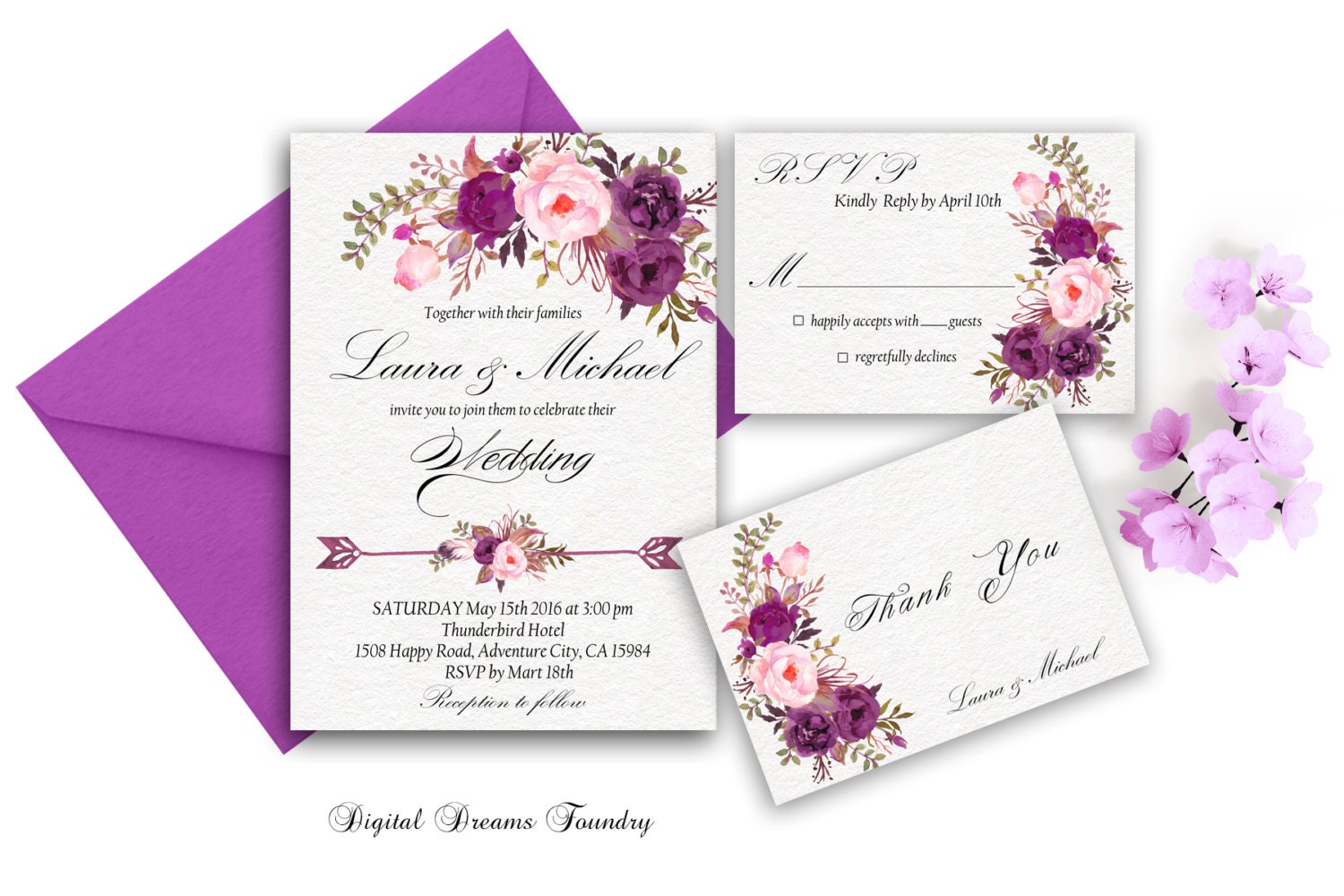Purple Wedding Invitation Printable Floral Wedding Invite