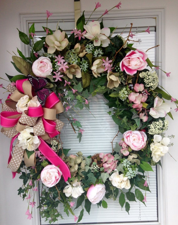 Pink Spring Grapevine Wreath Pink floral grapevine wreath