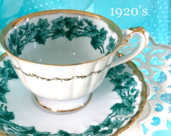 Antique Tea Cup and Saucer, Ivy Tea Cup Set, Gold Gilded, Green Wedding Gift, Teal Teacup