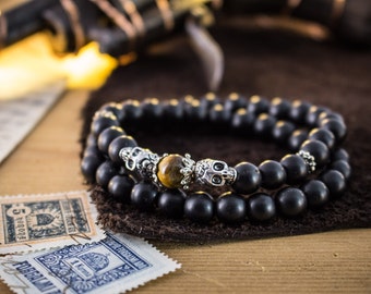 8mm - Double wrap matte black beaded bracelet with silver skulls and tiger eye, beaded stretchy bracelet, made to order yoga bracelet