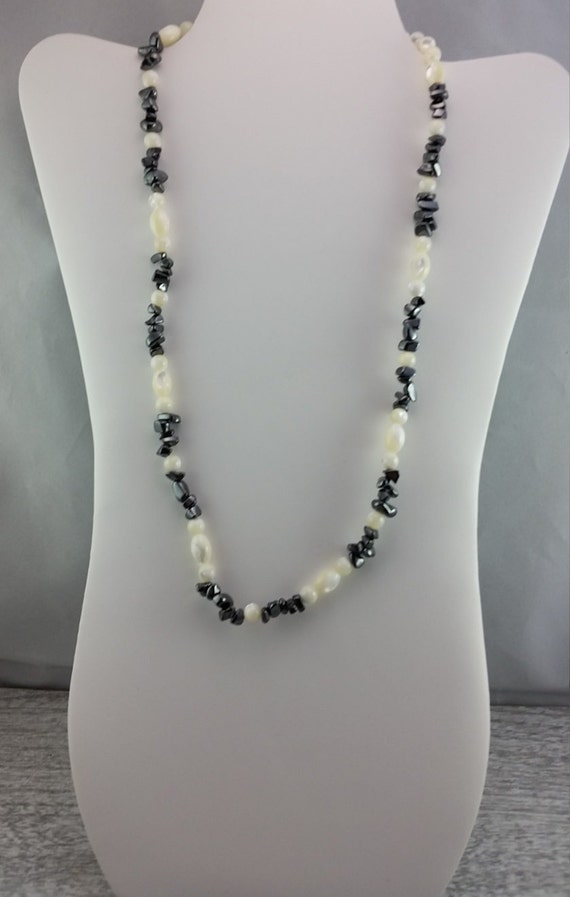 Items similar to Mother of Pearl and Hematite Necklace, Hematite ...