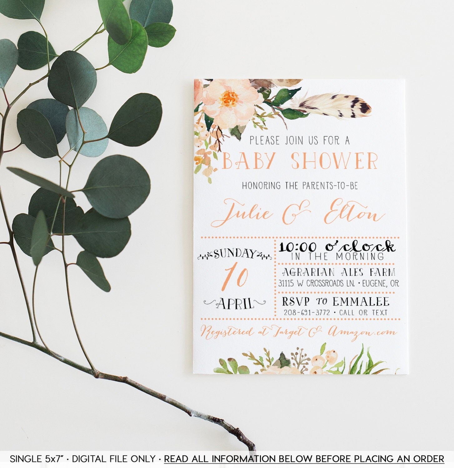 Couples Baby Shower Invitation Gender Neutral Boho Flower