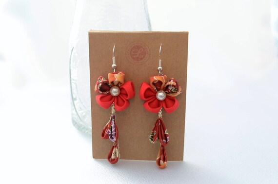 Red Flower Earrings : Kanzashi Earring Flower Hook Earrings
