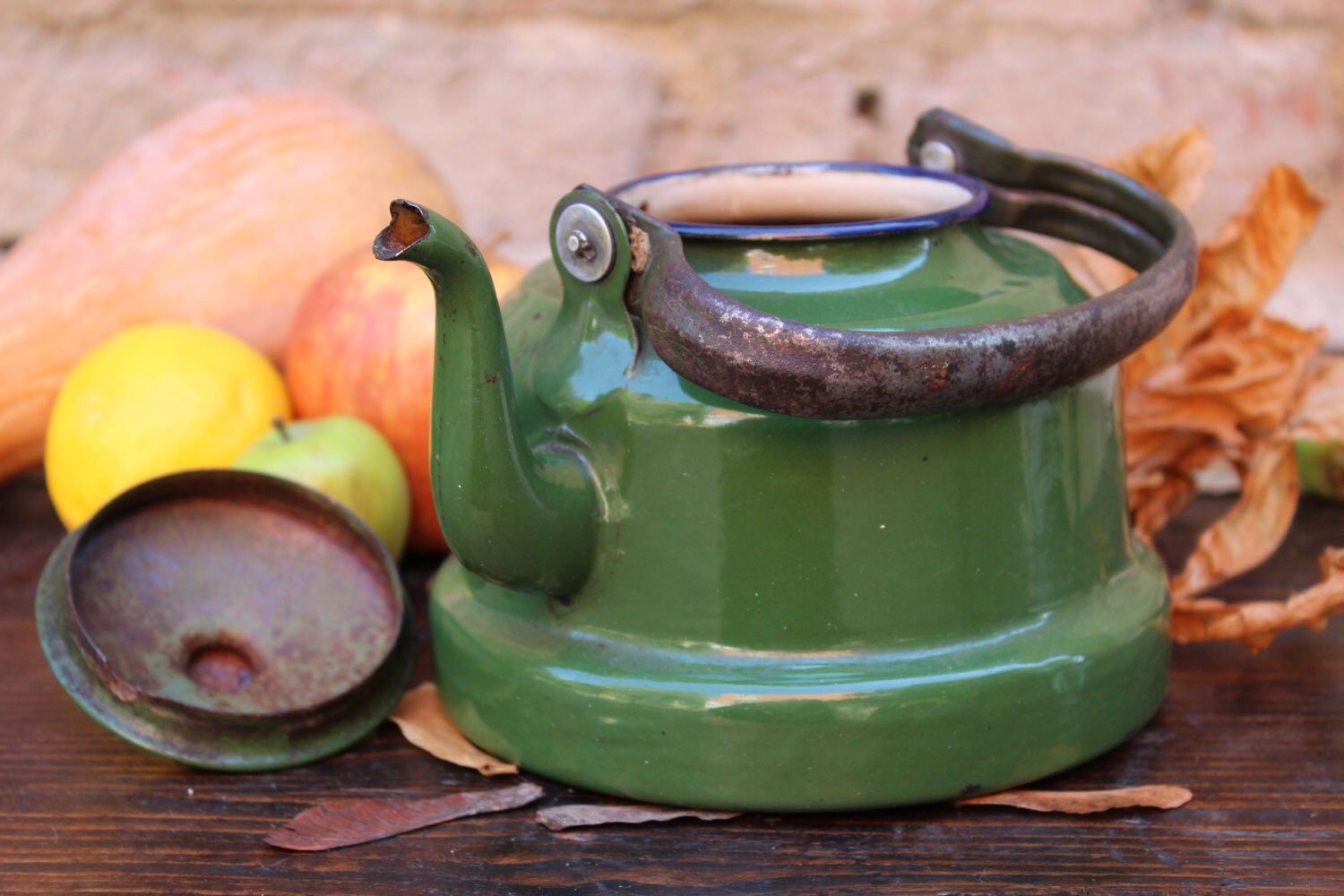 Green Kettle Enamel Teapot Mid Century Tea Kettle