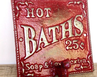 Red Bathroom Sign - Bath Sign - Bathroom Wall Decor - French Country Cottage Decor - Towel Hooks - Victorian Wall Plaque - Bathroom Wall Art