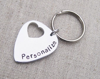 Personalized guitar pick keychain, customized heart keyring, gift for him, mens custom keychain, dad gift, boyfriend gift, best friend gift
